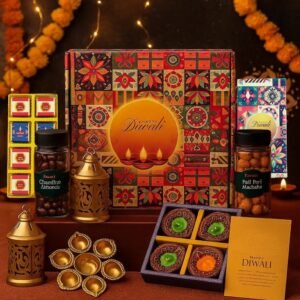 Fruitri festive Diwali hamper with urli, two lanterns, clay diyas, makhana and chocolates