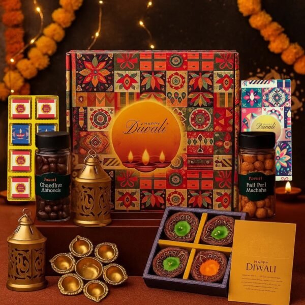 Fruitri festive Diwali hamper with urli, two lanterns, clay diyas, makhana and chocolates