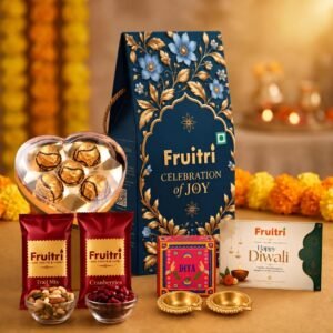 Fruitri Hut Diwali gift box with chocolate, trail mix, cranberries and metal diyas