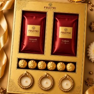 Fruitri Iris Diwali Gift Hamper with Hazelnut Chocolates, Almonds, Cashews and Diyas - Image 2