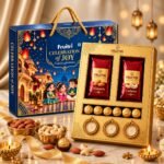 Fruitri Iris Diwali hamper with hazelnut chocolates, almonds, cashews and metal diyas