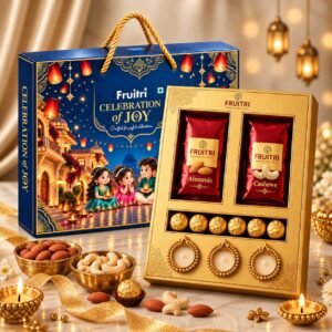Fruitri Iris Diwali hamper with hazelnut chocolates, almonds, cashews and metal diyas