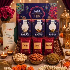 Fruitri blue Laptop Diwali gift box with almonds, cashews and raisins