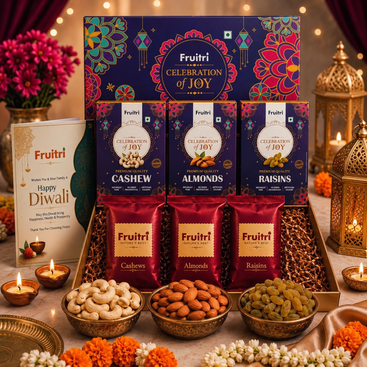 Fruitri blue Laptop Diwali gift box with almonds, cashews and raisins
