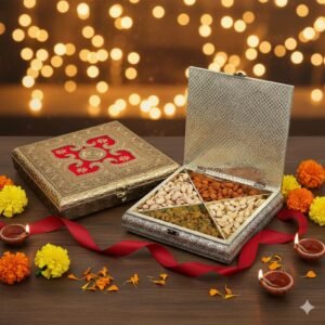 Fruitri Red Metal Diwali Gift Box with Almonds, Cashews, Pistachios and Raisins - Image 2