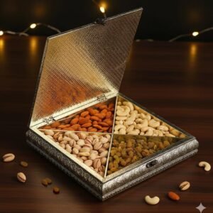 Fruitri Red Metal Diwali Gift Box with Almonds, Cashews, Pistachios and Raisins - Image 3