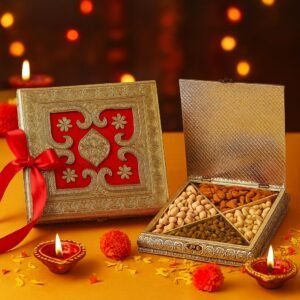 Fruitri red metal Diwali gift box with almonds, cashews, pistachios and raisins