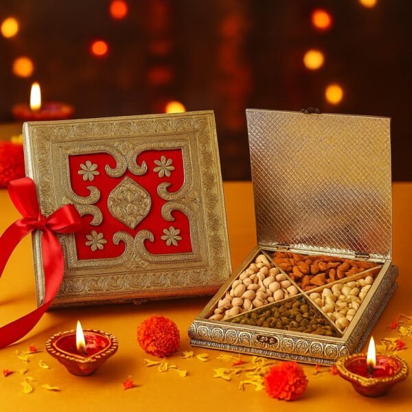 Fruitri red metal Diwali gift box with almonds, cashews, pistachios and raisins