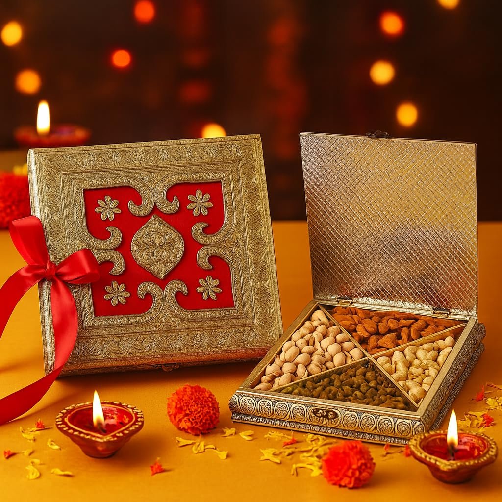 Fruitri red metal Diwali gift box with almonds, cashews, pistachios and raisins