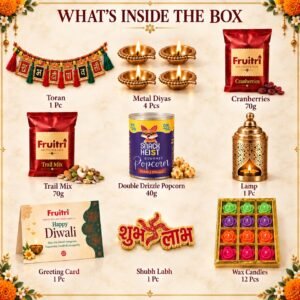 Fruitri Toran Diwali Gift Hamper with Diyas, Rose Candles and Snacks - Image 3