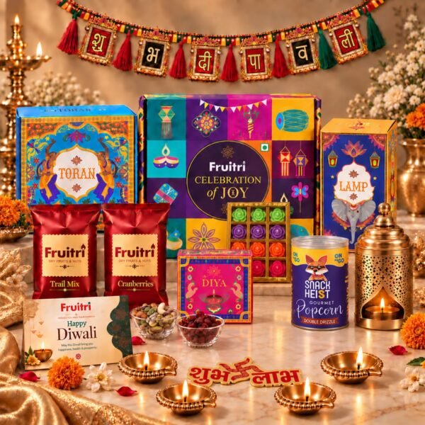 Fruitri Toran Diwali gift hamper with diyas, rose candles and snacks