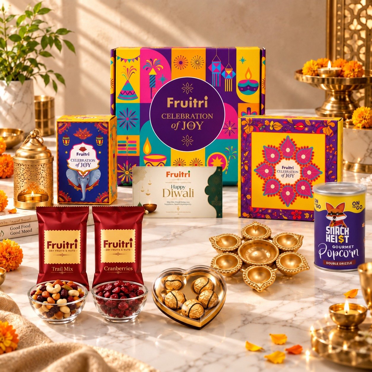 Fruitri Urli Diwali hamper with lantern, five hazelnut chocolates and snacks